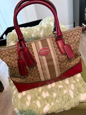 Coach Khaki Signature Satchel with Red Trim